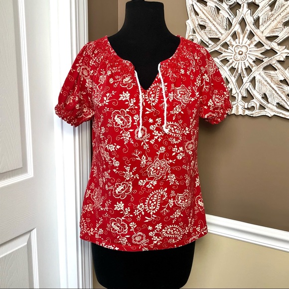 Lauren Ralph Lauren Tops - ⭐️ Lauren Jeans by Ralph Lauren Red Blouse White Floral Print with Tie - MEDIUM